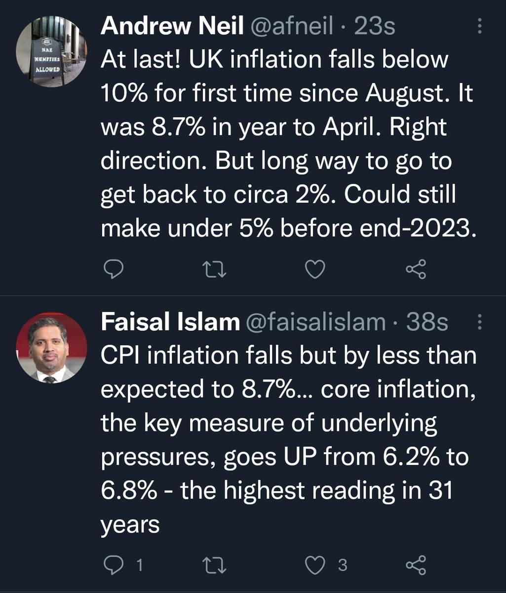 Two recognised journalists @afneil and @faisalislam both reporting on falling inflation and using the same data. Can you guess which one is Chair of the @spectator and mentor to @KateAndrs 😄🤣😅 #torymedia  #BrokenBritain