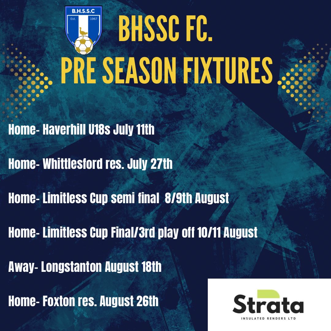 ✅ Pre seasons Fixtures annouced! 

🏆 The village will welcome the first edition of the Limitless Cup.

🙏🏻Thanks to our sponsors Strata and Limitless Activities for making it all possible 

<a href="/WhittlesfordRes/">Whittlesford United Reserves</a> <a href="/SwavOfficial/">Swavesey Institute FC</a> <a href="/fenstantonfc/">FenstantonFC</a> <a href="/FoxtonFCRes/">Foxton FC Reserves</a> 
<a href="/LongstantonFC/">Longstanton FC</a>