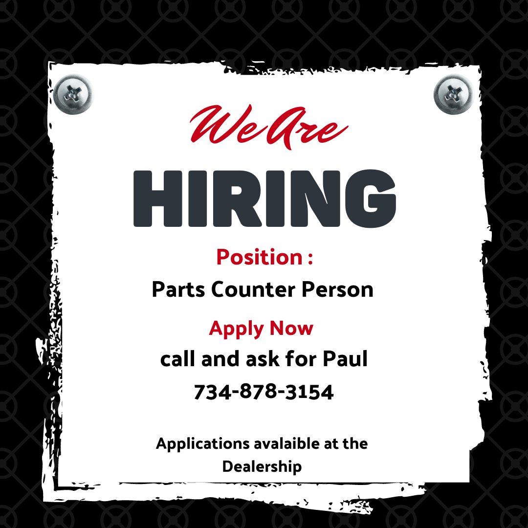 Pinckney Chrysler Dodge Jeep Ram is hiring!

734-878-3154

#nowhiring #pcdj #partshelp #pinckneychryslerdodgejeepram #calltoday #danhallautomall #livingstoncounty #joblisting #applynow