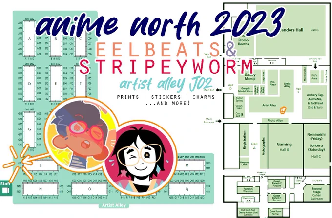 HELLO ANIME NORTH!!! I'm so excited to be here for the first time ever 🤩🤩 I'll be tabling at J02 with the amazing @/eelbeats with lots of funny little goods!!   Please come say hi and gush about things with me💕