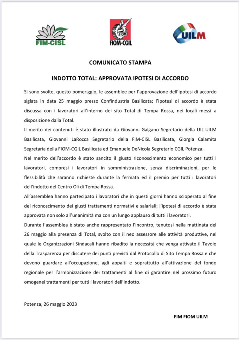 fimcislbas's tweet photo. 📢 I lavoratori dell'indotto #Total del sito di #TempaRossa hanno approvato in assemblea l'ipotesi di accordo siglata ieri dalle segreterie regionali di Fim, Fiom e Uilm. @EvangeliGerardo https://t.co/vPmPp65it2