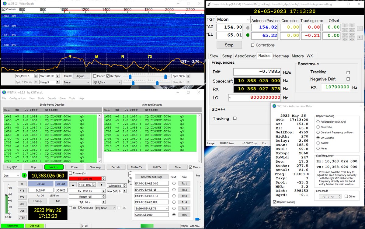 With the help and teaching of @BymCt1 and @ea3hmj I tweaked the system to properly correct doppler shift and reception of the DL0SHF 10 GHz moon beacon has significantly improved. With the 1.2m dish sigs are in the range -5 to -8dB and not missing a single beat