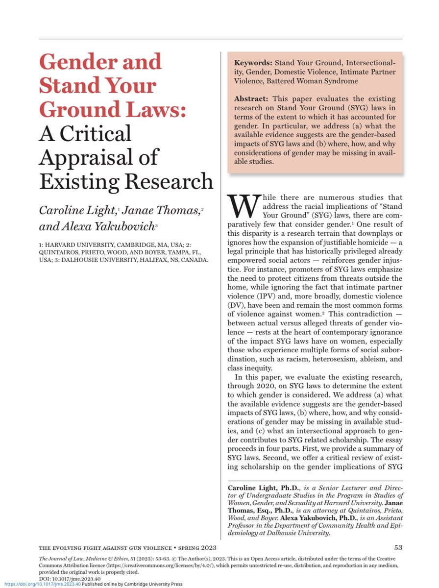 But as Bruen increases guns in public, this article by @carolineelight <a href="/AlexaYakubovich/">Alexa Yakubovich</a> &amp; Janae Thomas discusses the importance of intersectional analysis of stand your ground laws—WHO can exercise 2A rights is as important as the scope of those rights

cambridge.org/core/journals/…