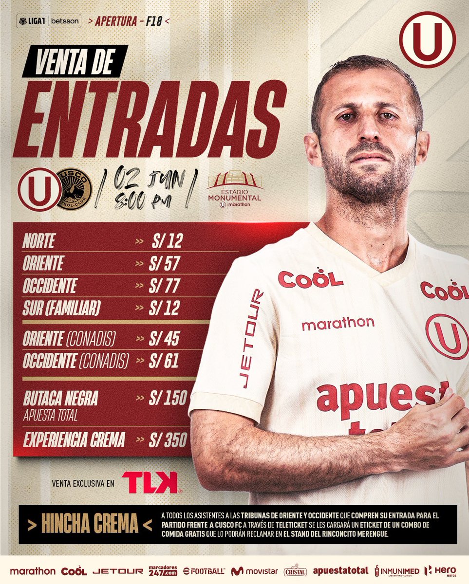 #Liga1 |  @Universitario ha ido subiendo el precio 🫰🪙 de los tickets 🎟:

U - AL: 40, 80, 140, 300, 500 (suele tener un mayor costo)
U - Mel: 12, 40, 60, 120, 300
U - Cie/Grau: 12, 45, 65, 120, 300
U - SC: 15, 55, 75, 150, 350
U - UCV/Cusco: 12, 57, 77, 150, 350

¿Opiniones?🤔