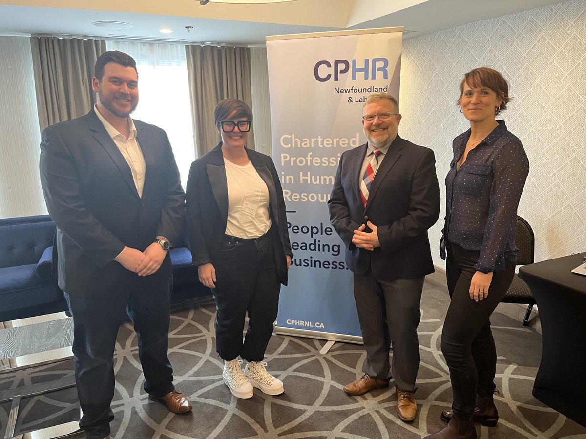 Our HR team had an insightful day at the @CPHRNL  
 HR Symposium focused on The Evolving HR Role in an Post-Covid Workplace. Steven, Nicola, and Nicole are pictured here with Travor Brown, Dean @MUNBusiness  one of several guest speakers. #CPHR #EvolvingHR