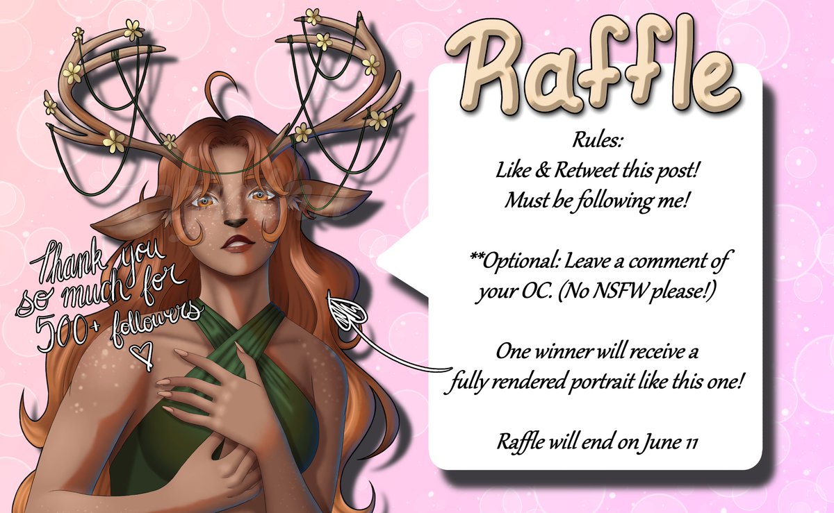 aelynthii's tweet photo. 🌸 Art Raffle 🌸

Thank you all so much for 500+ followers! 💖

One winner will receive a fully rendered portrait.

How to enter:
🌸 Like &amp; RT this post
🌸 Make sure you're following me
✨ (Opt) Leave a comment with your OC! (No NSFW please!)

*Raffles ends June 11th. https://t.co/xM0iBq3eZr