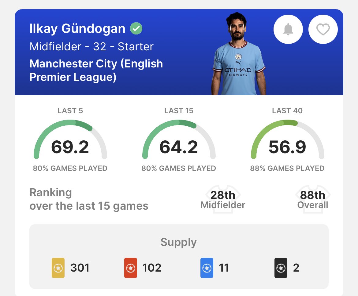 🎁 #Sorare GIVEAWAY! 🎁 

Pick of the Week!
 
Ilkay Gundogan 🟣⚪️
MAN CITY

LAST GAME SPECIAL
CHAMPIONS 🏆 

To enter:
1️⃣ Follow <a href="/SorareEngland/">SorareEngland</a> 
2️⃣ RT 🔄
3️⃣ Like ❤️

⏰ deadline - KO Brentford

75 = limited card winner! 🟡

#NFTGiveaway #Free #Contest #SorareGiveaway #OwnYourGame