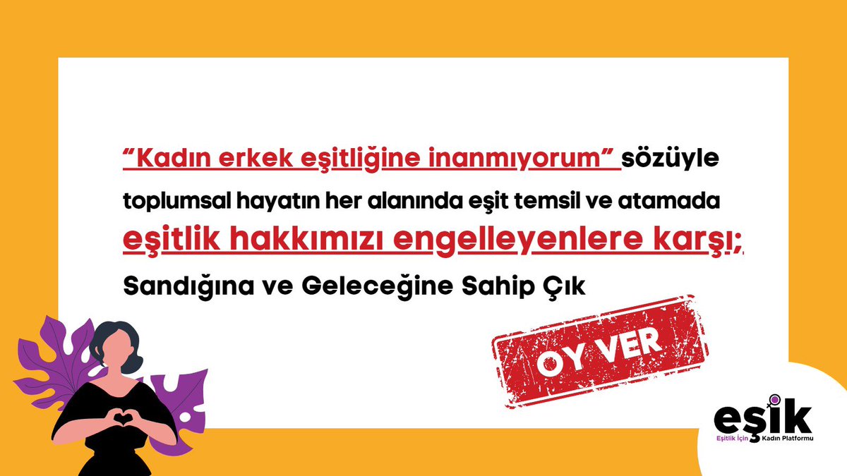 Şiddetsiz bir hayatın teminatı 6284’e ve İstanbul Sözleşmesine el uzatanları durdurmak için; Sandığına ve #GeleceğineSahipÇık #OyVeR
<a href="/esik_platform/">Eşitlik İçin Kadın Platformu</a> <a href="/hlyglbahar/">Hülya Gülbahar 🦋</a> <a href="/TUKDKurumsal/">Türk Üniversiteli Kadınlar Derneği</a> <a href="/1995ikkb/">İstanbul Kadın Kuruluşları Birliği</a> <a href="/losev1998/">LÖSEV</a>