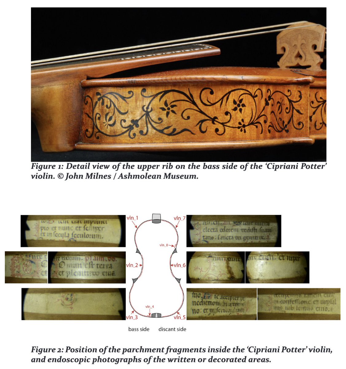 This is wild: reconstructing folios from recycled fragments of late medieval books of hours found inside Stradivarius violins, imaged via endoscopic camera. Only in fragmentology.ms 
fragmentology.ms/article/view/s…