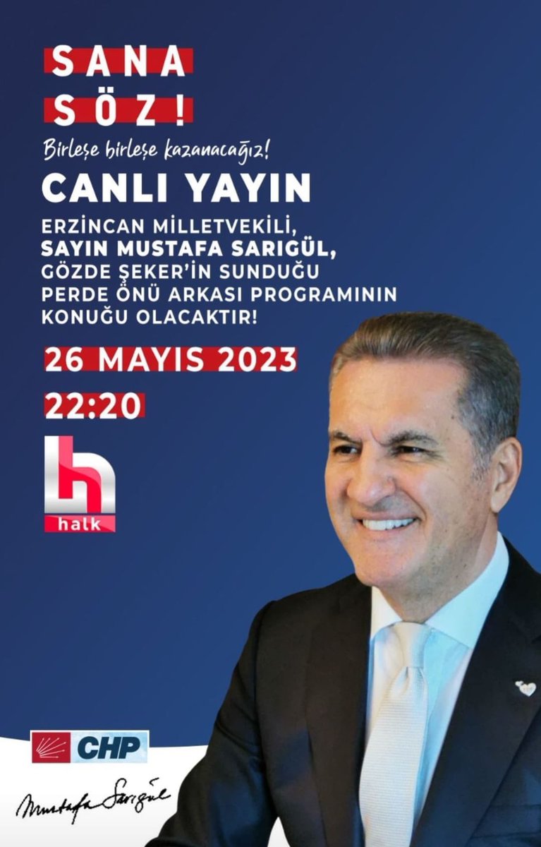#CHP #Erzincan millet vekilimiz sn. <a href="/M_Sarigul/">Mustafa Sarıgül</a>  bugün #halktv ‘de #yapikayitmagdurlari hakkında açıklamalarda bulunacak, ekran başına bekliyoruz.

<a href="/kilicdarogluk/">Kemal Kılıçdaroğlu</a> #sanasöz