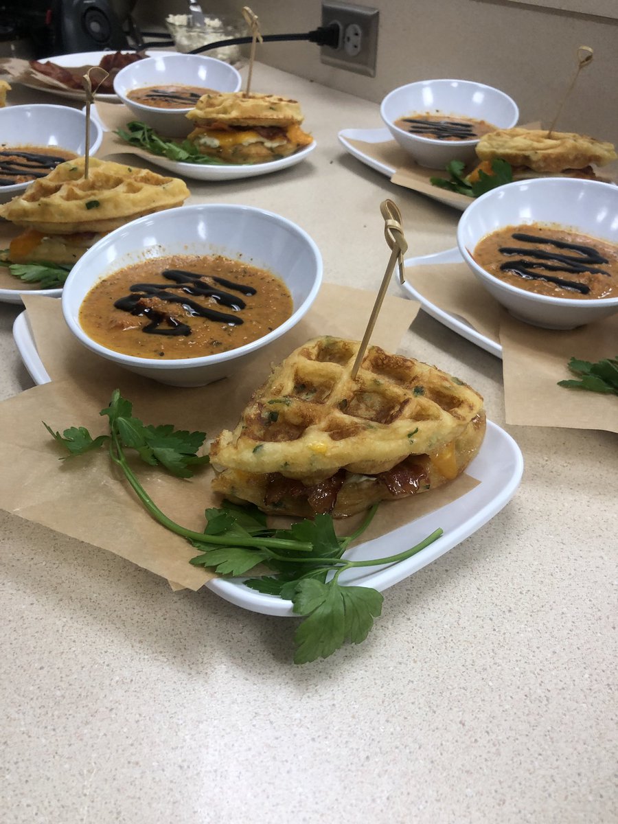 BPCulinary's tweet image. And the Waffle-Off 2023 @BayPortHS winners are…Chicken and Waffle Taco and Herb and Triple Cheese Grilled Cheese with Tomato Bisque! Watch for these two on a menu one day🍽️