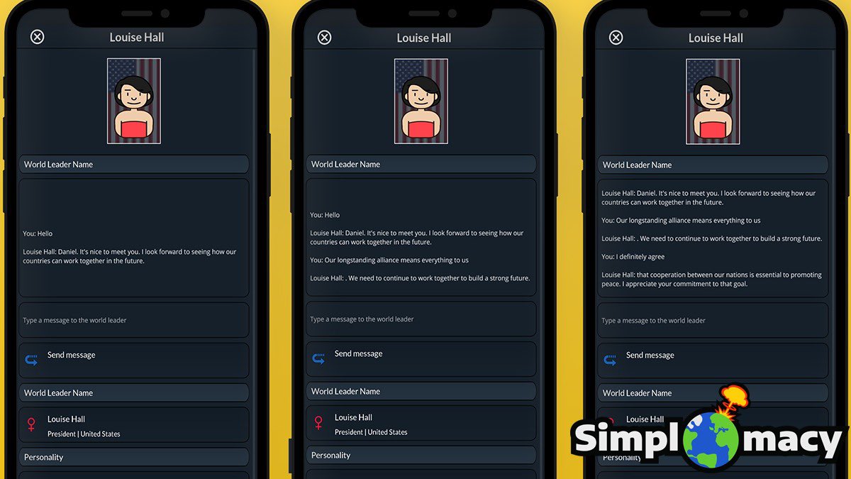 simplomacy's tweet image. ChatGPT? ❌
ChatInstCoffee ✅

We’re currently working on a feature which will allow you to have live conversations with in-game AI world leaders! 

#GameChanged