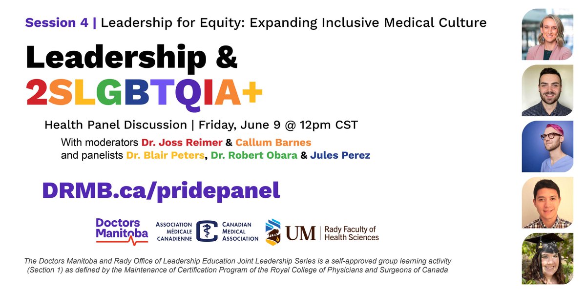 Join us at 12pm on June 9 for the DRMB.ca/pridepanel. Panelists will discuss, the current landscape of 2SLGBTQIA+ healthcare in MB, how to help make the system safer for 2SLGBTQIA+ people, &amp; system-level leadership &amp; advocacy needed to improve 2SLGBTQIA+ patient care in MB.