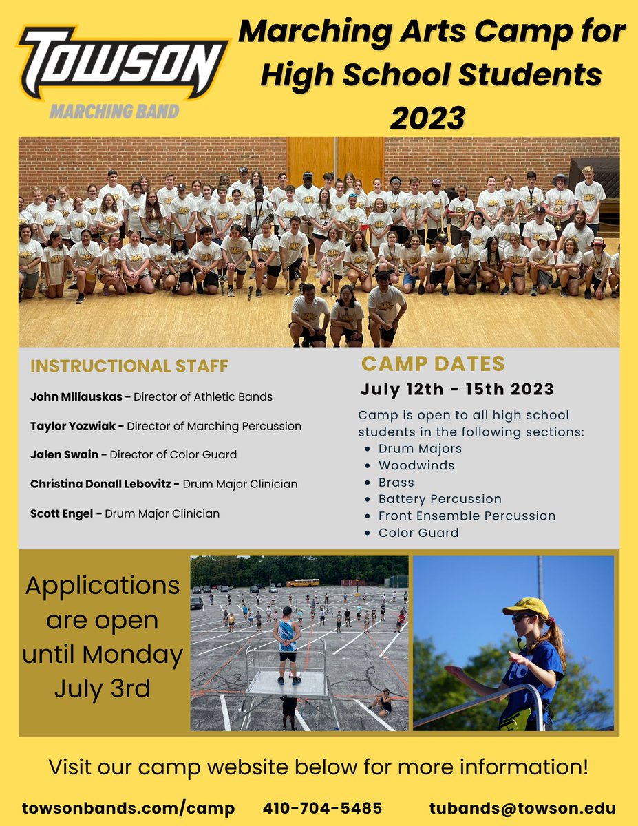 The Marching Arts Camp for High School students returns for an exciting 2023 year!

There is still plenty of time to sign up and spend a week with the TUMB!

Sign ups and additional information can be found at towsonbands.com/camp

#towson #marchingband #bandcamp