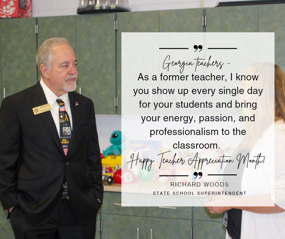 Georgia teachers,
As a former teacher, I know you show up every single day for your students and bring your energy, passion, and professionalism to the classroom. Happy Teacher Appreciation Month!
Sincerely,
State School Superintendent Richard Woods

#ThankAGATeacher