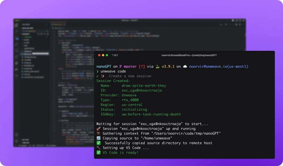 Changelog #1

This week we focused on docs and the CLI to help you get started with one command:

• Unweave SSH and VS Code Integration
• Public Docker images
• Docs Website and Getting started guide

Read it here👉 unweave.io/changelog/26-0…