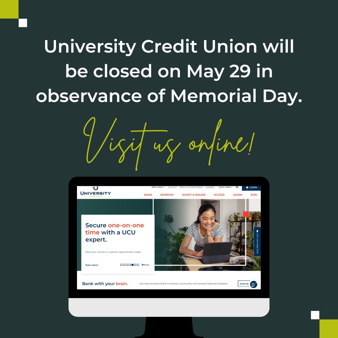 UCU is closed this Monday for #MemorialDay, but we're still here to offer you the support and information you need. Use Royce, our virtual assistant, or our digital banking services, which are all available to you 24/7.