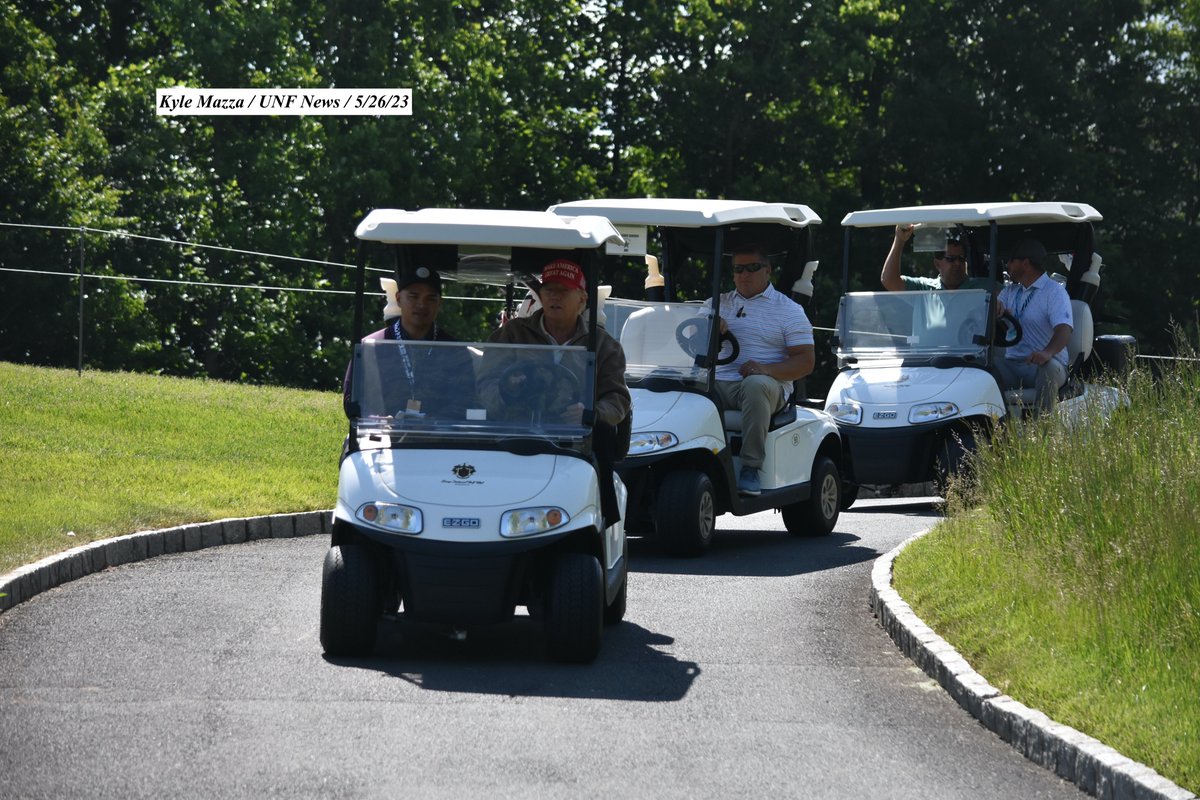 Former President of the United States Donald J. Trump plays golf prior to the LIV Golf Washington DC 2023 Round 1 Shotgun Start at Trump National Golf Club Washington DC in Sterling, Virginia on May 26. 2023.