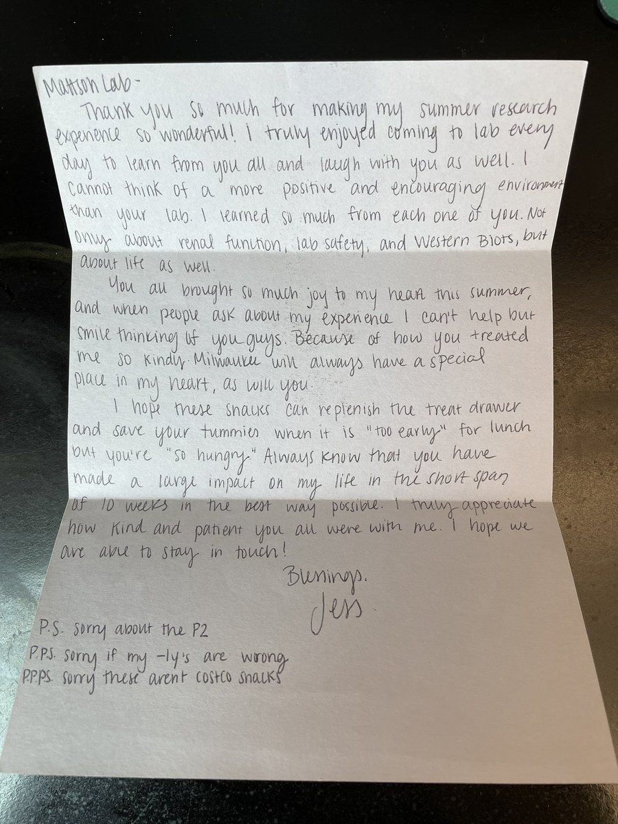 I found this note in a stack of papers from a previous summer undergrad student. A great reminder that mentoring at all levels is important. Plus, this is an accurate description of the Mattson lab 😂