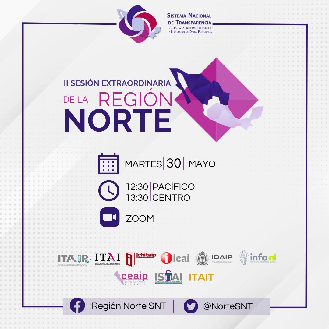 📢Te invitamos a seguir la transmisión en vivo de la Segunda Sesión Extraordinaria de la
<a href="/NorteSNT/">Región Norte SNT</a> 

🗓️30 de mayo de 2023
🕐12:30 Hrs. Pacífico
🕐13:30 Hrs. Centro

📲 A través de las redes sociales del
<a href="/INAImexico/">INAI</a>