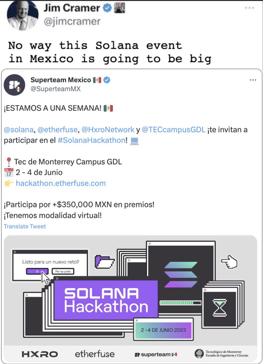 Looks like we're going to have the biggest Web3 event in Mexico to ever. You're invited! Remote options available so sign up below. 

<a href="/solana/">Solana</a>, <a href="/etherfuse/">etherfuse</a>, <a href="/HxroNetwork/">HxroNetwork</a>, <a href="/circle/">Circle</a> y <a href="/TECcampusGDL/">TEC Campus Guadalajara</a>

📍Tec de Monterrey Campus GDL  
📅 2 - 4 de Junio 📷
👉 hackathon.etherfuse.com