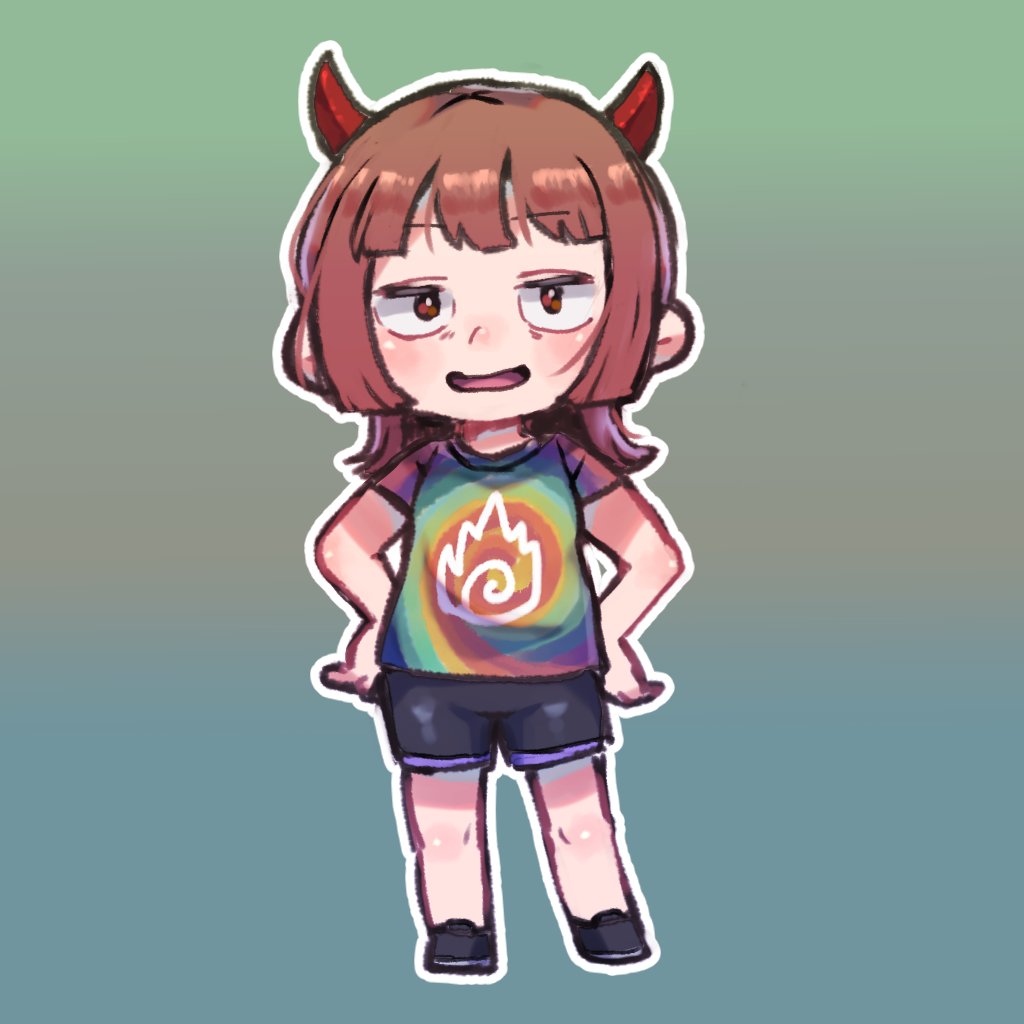 1girl solo brown hair horns hands on hips shorts shirt  illustration images