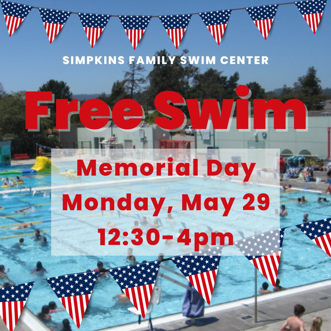 SCParksDept's tweet image. Join us for FREE Recreation Swim, Monday May 29 from 12:30-4pm. First come, first served. #FreeSwim #SimpkinsFamilySwimCenter #MemorialDay #ParksMakeLifeBetter!