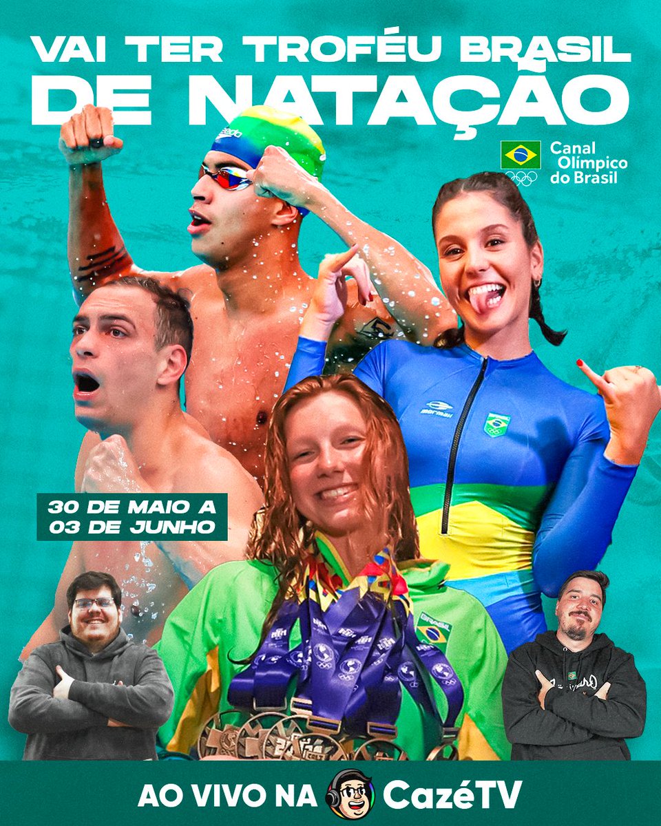 CazeTVOficial's tweet photo. 🏊‍♂️ A CAZÉTV NÃO PARA!

Chegou a hora da NATAÇÃO invadir a nossa programação! A partir da próxima terça-feira (30/05), tem Troféu Brasil de Natação na CazéTV! 

Vamos juntos, @timebrasil! É O BRASA! 🇧🇷🔥 https://t.co/egKa3BQ7Or