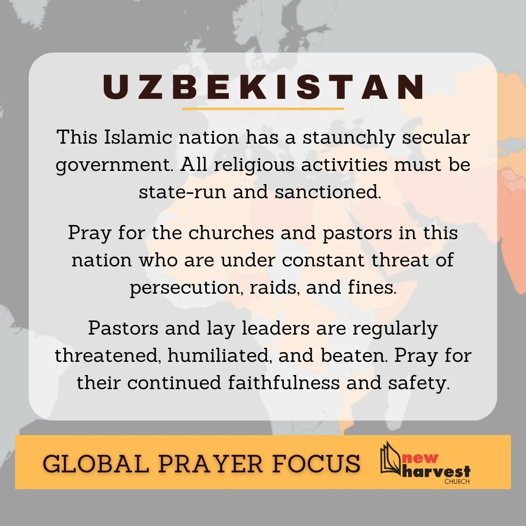 This week we're praying for believers in Uzbekistan. Pray for the pastors and lay leaders in this nation as they work tirelessly for the Lord. May they find strength and encouragement in Him. #PrayfortheNations #GodIsAtWork #NHCPrayer