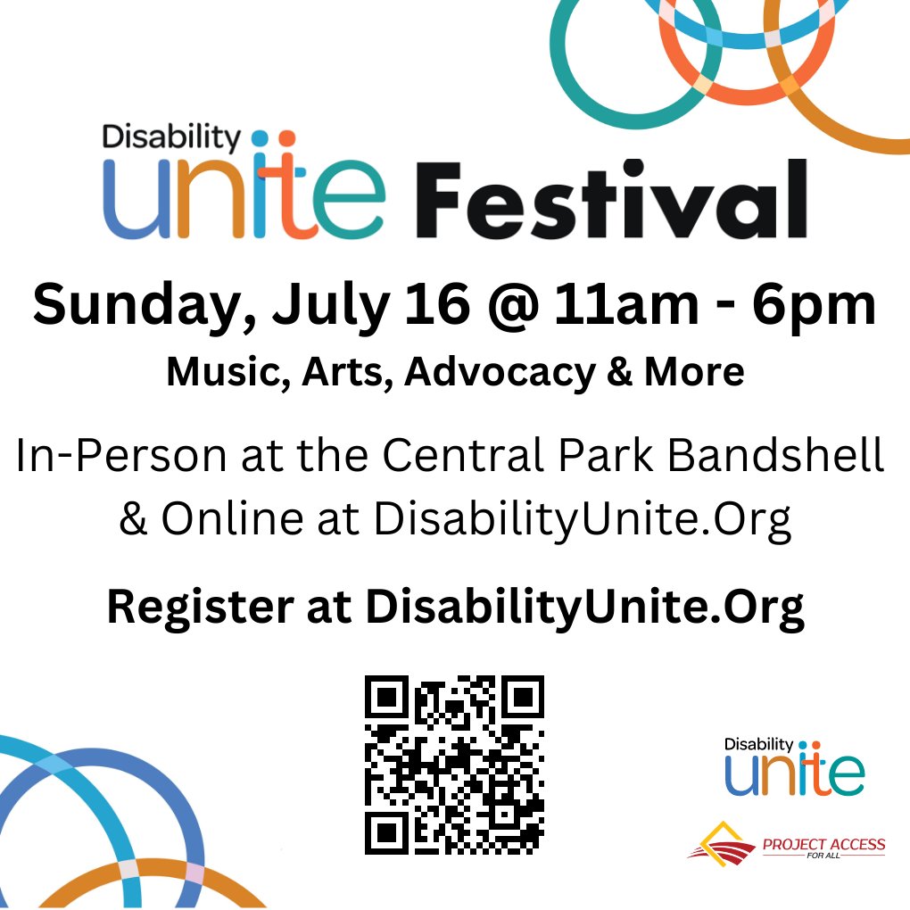 🎉 Save the date! 🎉 Disability Unite Festival is back &amp; better than ever!

Join us for a FREE celebration of community on July 16th! In-person festivities at Central Park Naumburg Bandshell in NYC and an exclusive online experience.

Register at DisabilityUnite.Org
