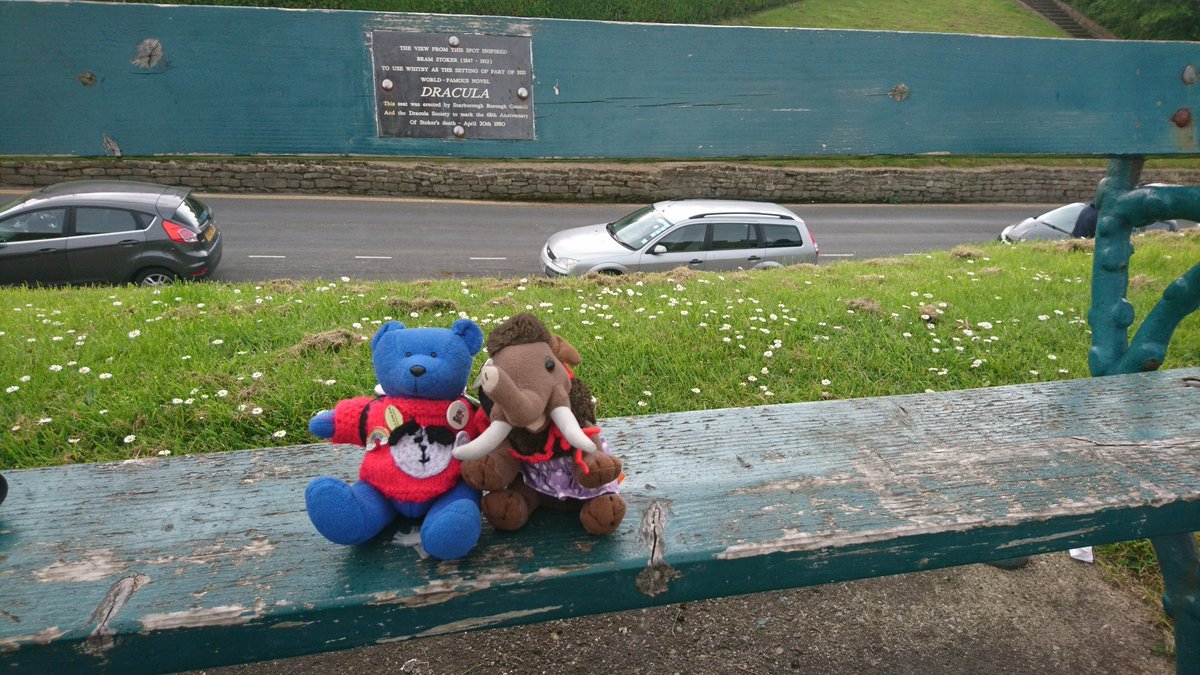 It's #WorldDraculaDay! Here we are on Dracula's Bench in #Whitby last week! #smallbearadventures