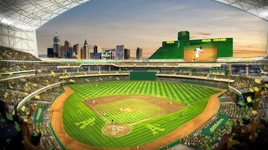 VitalVegas's tweet photo. That time the A’s asked A.I. to whip up some sweet renderings but forgot to include “the site is nine acres” in the prompt so the ballpark took up 34 acres and Bally’s Corp. was all, “WTF, did you even read the memo?” #clownshow https://t.co/LVhQWa4EXf