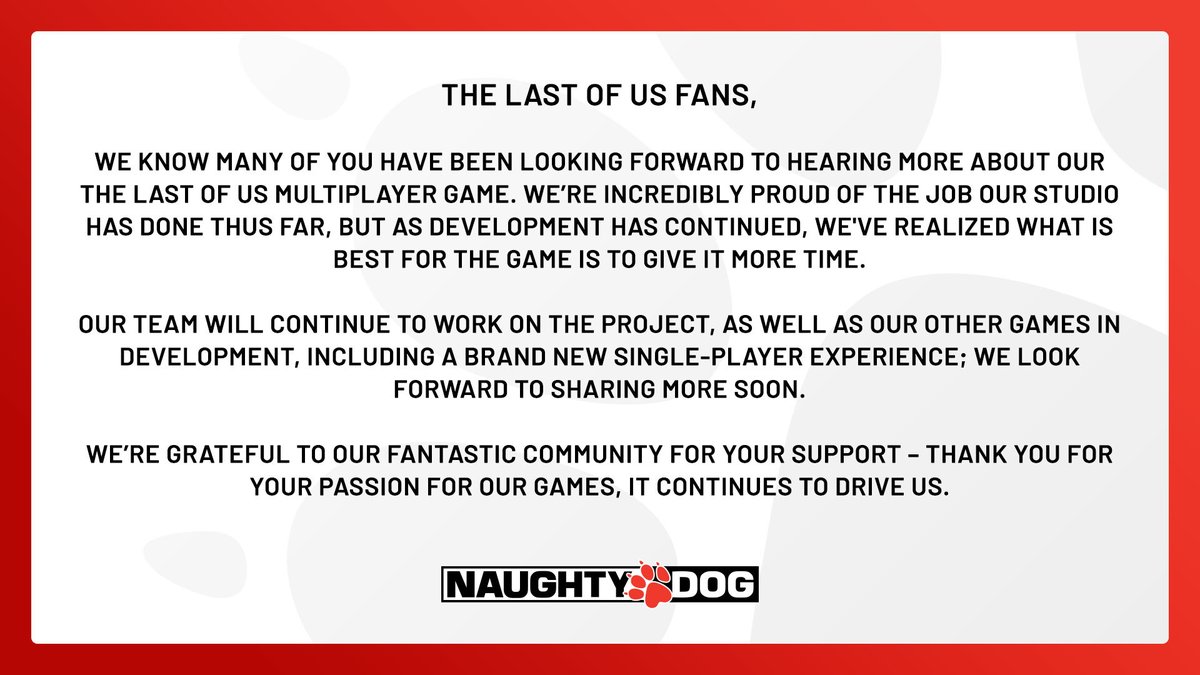 Neil Druckmann on X: Heartbroken for the team. Heartbroken for our fans.  We're still incredibly excited to get the game into your hands. ❤️ / X