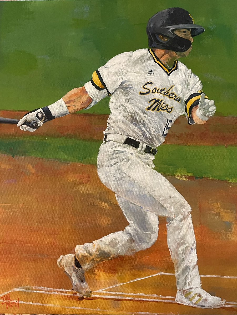 How about <a href="/jimtweedyart/">Jim Tweedy Action Sports Art</a> with one of his finest works. <a href="/poch34/">Rodrigo Montenegro</a> hitting with the old school uni. This’ll go on our living room next to Gabe’s. If you want a painting from your athlete in action, he’s your guy.