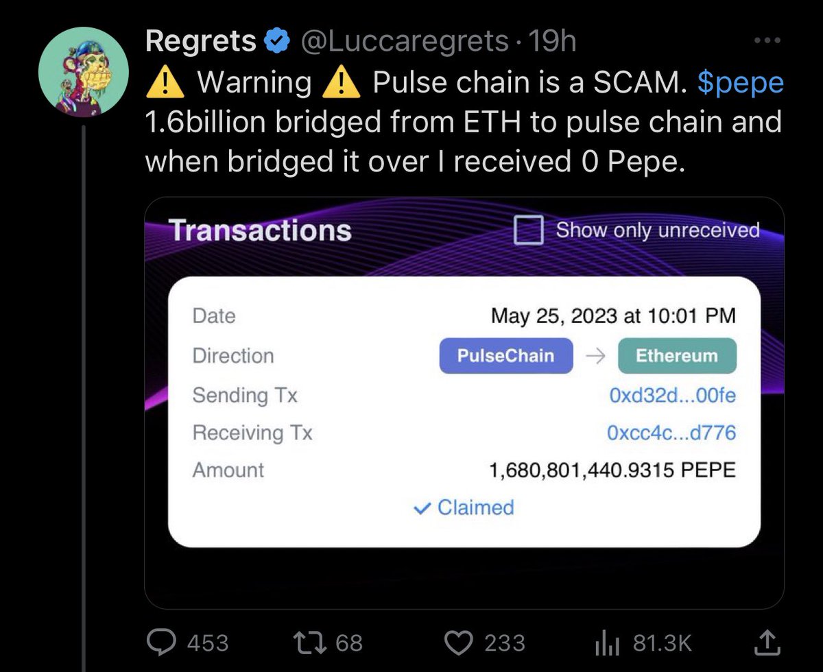 Looks like this silly monkey bridged the prc20 pepe to Ethereum from Pulsechain… but seems to think it was the other way around and because of that incompetence, labels an entire blockchain a scam 🤔 
Regrets is probably a fitting name.