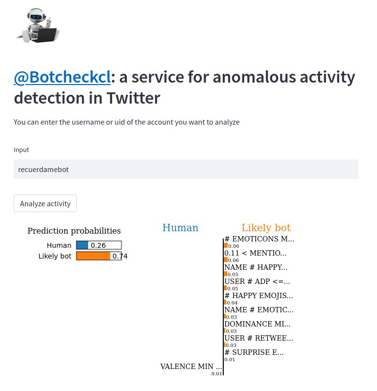 botcheckcl's tweet image. Este es el informe que produce @botcheckcl el cual incluye un explainer lime para la caracterización de la cuenta.