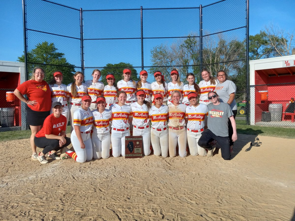 Mother McAuley 8, DGS 4 final Class 4A regional championship. Mighty Macs (15-13-1) win first regional title since 2015. Cailyn McLean 2HR/4RBI, Abbey Williams HR, Lilly Benoit RBI. Mary Charniak, Keira Jarrett huge plays defensively in 6th. Charniak (W), Williams star in circle.