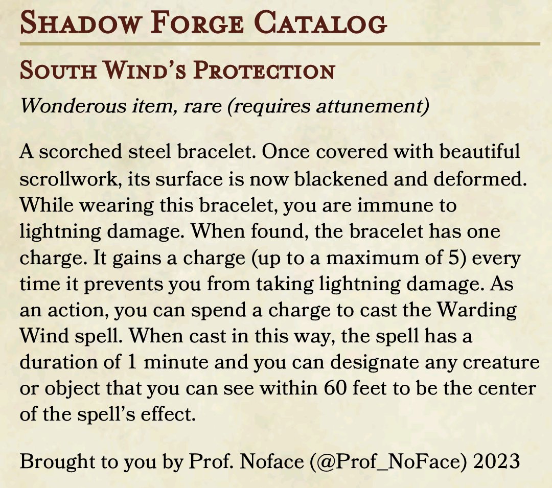 Prof_NoFace's tweet photo. The 3rd and penultimate of the four 'Gifts of the Wind' for our family #DnD game. There will be two additional abilities added to all these once the full set is revealed as a bonus post!
#dnd5e #molpy #ttrpg #homebrew #magicitem #dndhomebrew #ttrpghomebrew https://t.co/ETcJAjyWvM