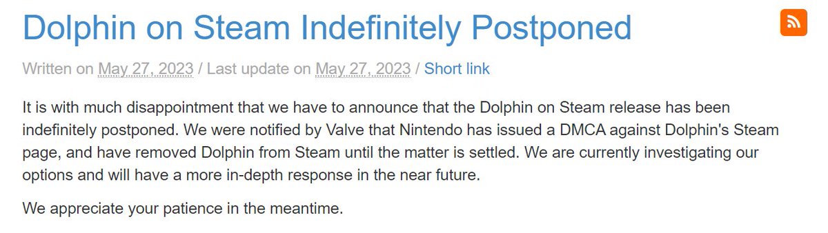 Wario64's tweet image. Dolphin on Steam indefinitely postponed due to Nintendo issuing a DMCA against the Steam page dolphin-emu.org/blog/2023/05/2…