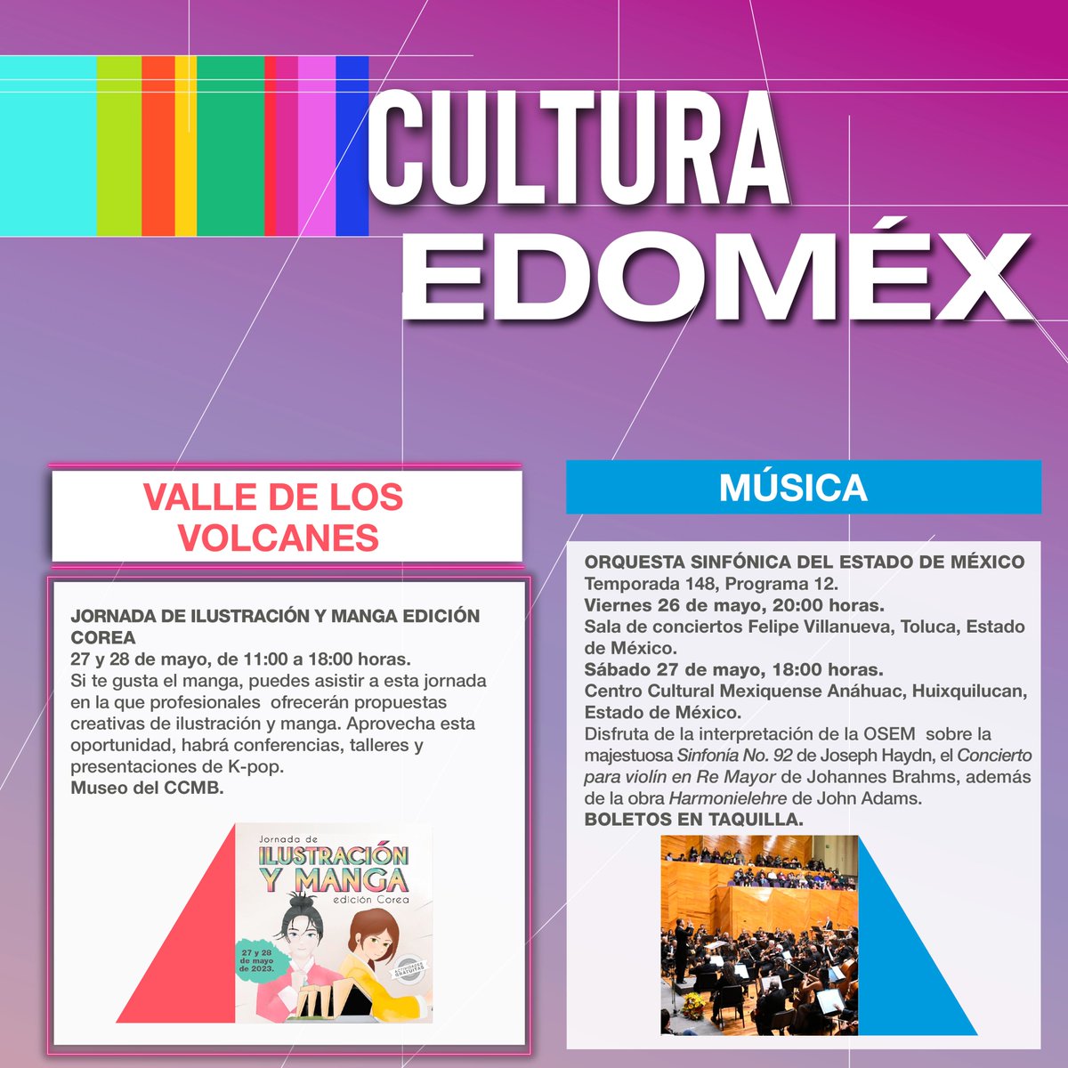 Te invita a conocer la Secretaría de @CulturaEdomex  su #CarteleraCultural  y para que estés informado de todas las actividades culturales, deportivas y turísticas, sintoniza el noticiero #CulturaAMXde lunes a viernes a las 16:00 hrs, por los canales 34.1 y 34.2 de @MexiquenseTV