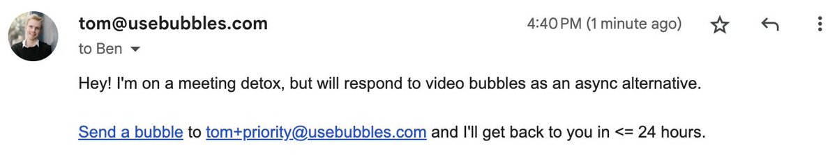 I was tired of inbound emails asking for more meetings. This App Script auto-responds when you move the email to a 'Try bubbles' label It's public at script.google.com/d/1Ma1bLECl2-m…