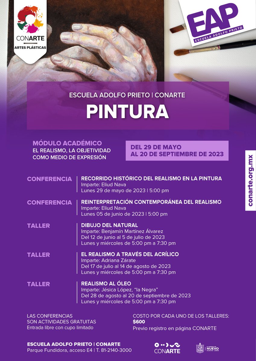 conartenl's tweet photo. ¿Te gustaría conocer más sobre la pintura? 🎨 La #EAP | CONARTE trae este nuevo módulo académico para ti 🖼️

¡Comenzamos este lunes con las conferencias que son totalmente GRATUITAS y de ENTRADA LIBRE! 📢

Proximamente registro de talleres en #TiendaCONARTE 🎟️ https://t.co/X5pa1avASv