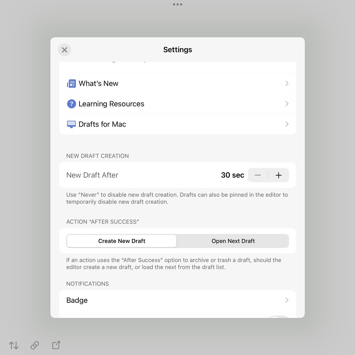 FlawlessVoltage's tweet photo. @draftsapp Hi! Love the app, just subscribed! I can’t seem to select Never for “new draft after”, it’s a bit annoying on iPad how it keeps going to a new draft when I move between apps. Any ideas? Also, am getting quite a few sigkill crash logs for Drafts. https://t.co/sSjW3u6LfD