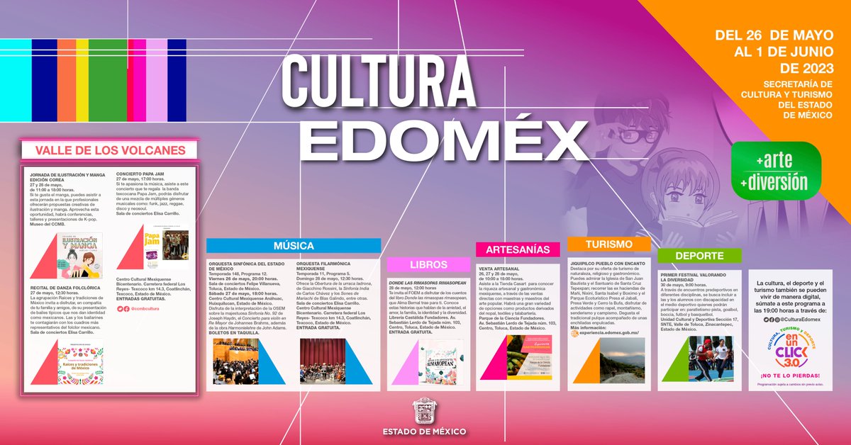 La Secretaría de @CulturaEdomex te invita a conocer su #CarteleraCultural y para que estés informado de todas las actividades culturales, deportivas y turísticas, sintoniza el noticiero #CulturaAMX de lunes a viernes a las 16:00 horas por los canales 34.1 y 34.2 de @MexiquenseTV.