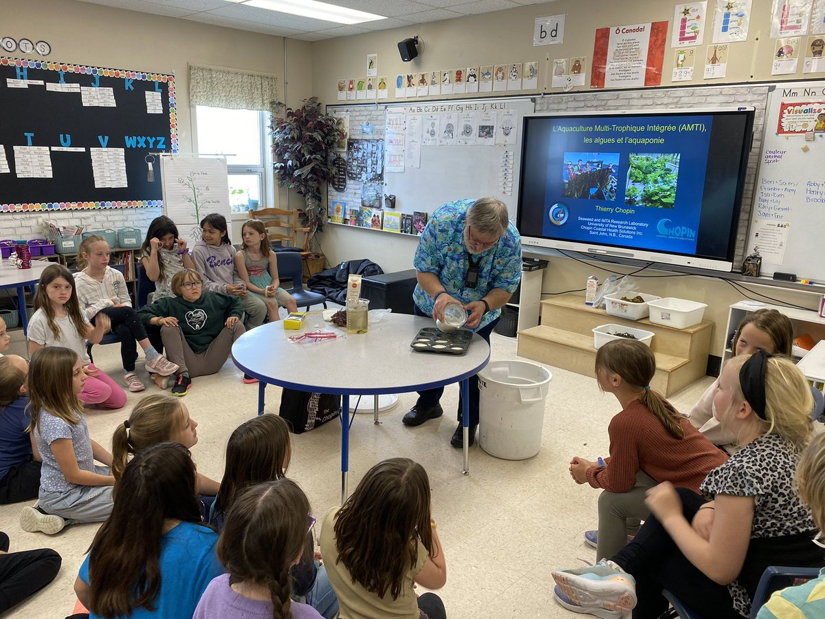 FairvaleFalcons's tweet photo. Mme Chopin and Mme Porter’s grade 3 classes were engaged in authentic, hands on learning  about seaweed and ecosystems with Dr. (Thierry) Chopin, from UNB Saint John. https://t.co/rNImWfGDSs