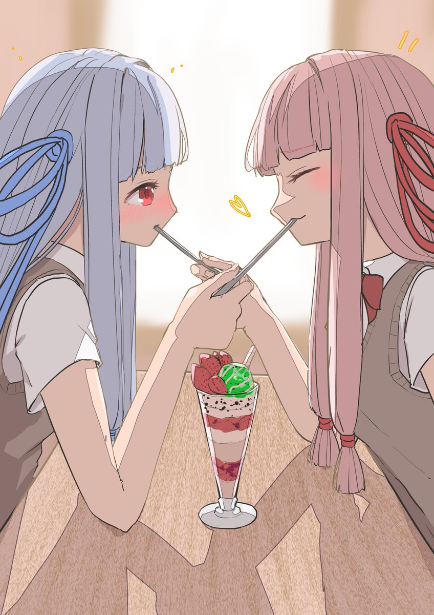 kotonoha akane ,kotonoha aoi multiple girls 2girls siblings sisters pink hair blue hair spoon  illustration images