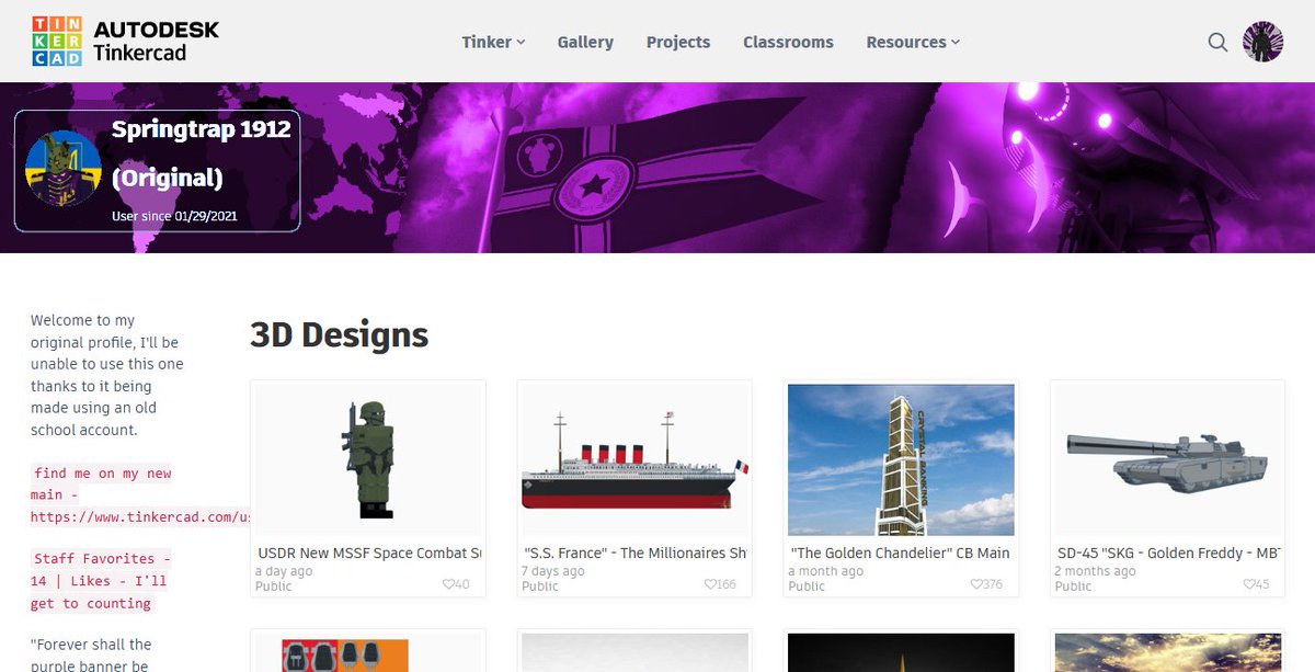 KV_Springtrap's tweet image. @tinkercad I have an idea for a possible future update, what if you guys added profile banners? It would be super neat and I think it would help bring some personality to profiles and would be an awesome edition! just an idea but I would love to see it happen!