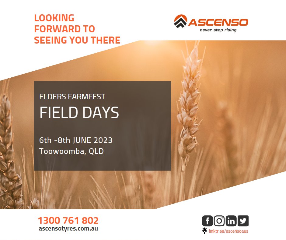 Will you be joining us at Elders Farm Fest in June? @AscensoAus, @HarvestTyres, @HaulmaxTyres  and Haulmax Wingman will be at FarmFest answering all your tyre questions. Say hello at site E26.

#EldersFarmFest2023 #FarmFestQLD #ACMRuralEvents #AustralianAgriculture #AussieFarmers