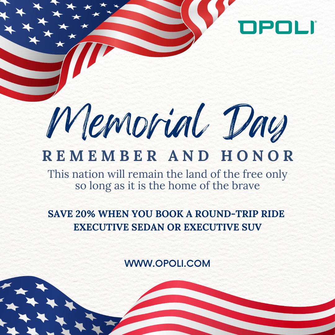 Opoliapp's tweet photo. This Memorial Day, let's come together to pay tribute to our fallen heroes and show our gratitude. 🙏 
Book a round-trip ride in our Executive Sedan or Executive SUV and get 20% off as a token of our appreciation. #MemorialDay
📲 Book now: https://t.co/L5xsM2WW6s https://t.co/cC88uTnfQz