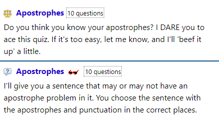 internet4classr's tweet photo. Fun Trivia Quizzes. Five quizzes to test your knowledge on apostrophes. https://t.co/n0tw5z9d2m #edchat #7thchat #8thchat #9thchat #langarts #ela #engchat #reading #Quiz https://t.co/aeVa5Genh5